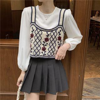 Puff-sleeve Plain Blouse / Flower Embroidered Crochet Knit Camisole Top