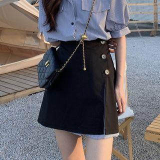 Short-sleeve Striped Mini A-line Shirt Dress / Skirt