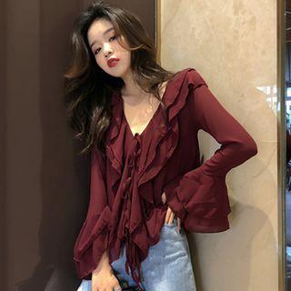 Bell-sleeve V-neck Ruffle Blouse