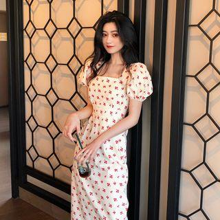 Short-sleeve Cherry Print Midi A-line Dress