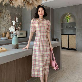 Plaid Puff-sleeve Midi Sheath Dress