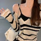 Two-tone Striped V-neck Ribbed Cardigan