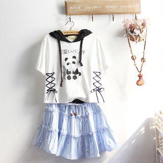 Printed Hooded Lace-up Short-sleeve T-shirt / Ruffled Mini A-line Dress / Set: Printed Hooded Lace-up Short-sleeve T-shirt + Ruffled Mini A-line Dress