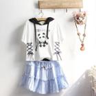 Printed Hooded Lace-up Short-sleeve T-shirt / Ruffled Mini A-line Dress / Set: Printed Hooded Lace-up Short-sleeve T-shirt + Ruffled Mini A-line Dress