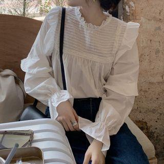 Frill Trim Plain Blouse White - One Size