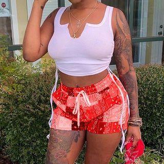 Set: Drawstring Crop Tank Top + Print Shorts