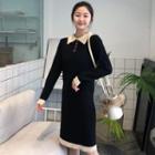 Collared Long-sleeve Knit Dress Premium Edition - Black - One Size