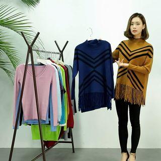 Patterned Mock Neck Fringed Sweater