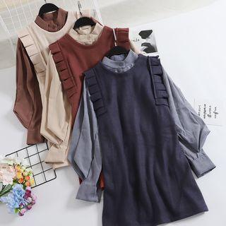 Set: Lantern-sleeve Blouse + Ruffle Trim Pinafore Dress