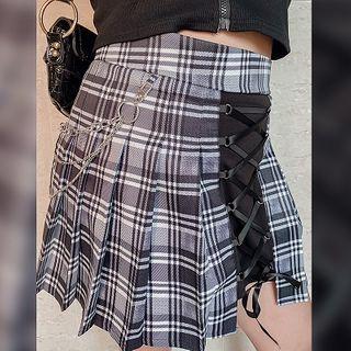 Chained Plaid Pleated A-line Mini Skirt