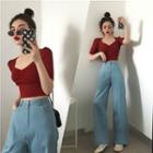 Plain Short-sleeve Slim-fit Cropped Top / Loose-fit Jeans