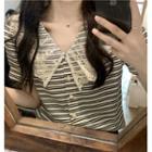 Short-sleeve Collar Lace Trim Striped T-shirt