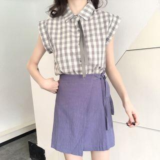 Plaid Short-sleeve Shirt / Side Tie A-line Skirt