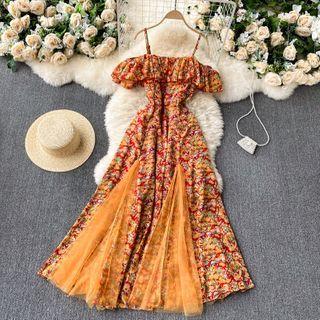 Cold-shoulder Mesh Panel Floral Midi A-line Dress