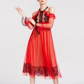 Cold Shoulder Mesh Long-sleeve A-line Dress