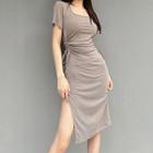 Short-sleeve Scoop-neck Drawstring Slit Sheath Dress