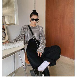 Long-sleeve Cut-out Striped T-shirt / Single-strap Jumper Pants