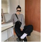 Long-sleeve Cut-out Striped T-shirt / Single-strap Jumper Pants