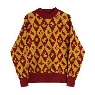 Two-tone Argyle Print Sweater Red & Yellow - One Size