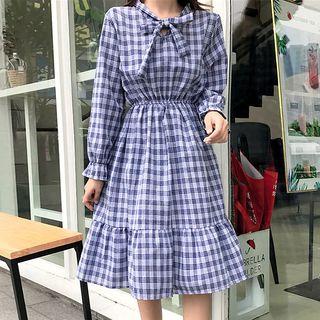 Long-sleeve Plaid Tie-neck A-line Dress