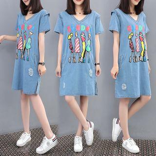 Short-sleeve Cartoon Print V-neck Denim Dress