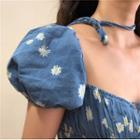 Floral Short-sleeve Slim-fit Denim Dress