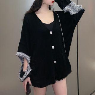 Set: Cutout V-neck Loose-fit Cardigan + Shorts
