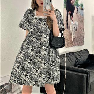 Floral Printed A-line Dress Black - One Size