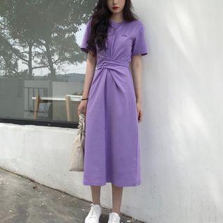Tie-waist Short-sleeve Dress Purple - One Size