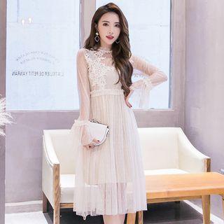 Dotted Mesh Long-sleeve A-line Dress