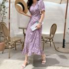 Frilled Floral Maxi Wrap Dress Purple - One Size