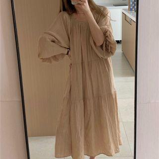 Elbow-sleeve Plain Midi A-line Dress Milky Brown - One Size