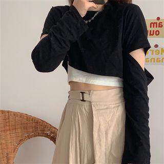 Cut-out Detail Long-sleeve Top / High-waist Wide-leg Pants