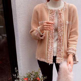 Round-neck Tweed-trim Knit Jacket