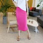 Slit-side Ribbed Midi Pencil Skirt Pink - One Size