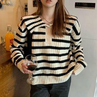 Collared Striped Sweater Striped - Black & Off-white - One Size