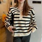 Collared Striped Sweater Striped - Black & Off-white - One Size