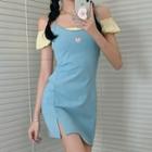 Spaghetti-strap Heart Embroidered Mini Sheath Dress / Short-sleeve Crop Top