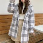 Plaid Buttoned Hooded Coat As Shown In Figure - One Size