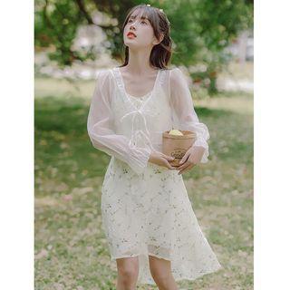 Long-sleeve Tie-front Light Jacket / Spaghetti Strap Floral Dress