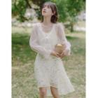 Long-sleeve Tie-front Light Jacket / Spaghetti Strap Floral Dress
