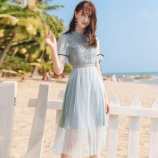 Collared Lace Trim Short-sleeve Midi A-line Dress