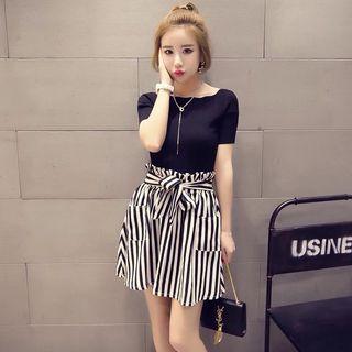 Set: Plain Short Sleeve Knit Top + Striped A-line Skirt