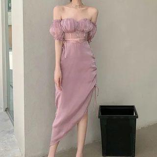 Off-shoulder Drawstring Midi Corset Dress