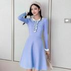 Long-sleeve Collared Ruffled A-line Knit Dress