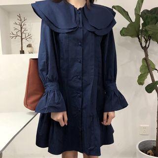 Long-sleeve Ruffle Trim Mini Shirtdress