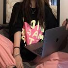 Elbow-sleeve Heart Print T-shirt Black - One Size