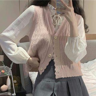 Button-up Knit Vest / Long-sleeve Tie-strap Ruched Blouse