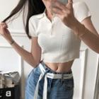 Short-sleeve Ribbed Cropped Polo Knit Top White - One Size
