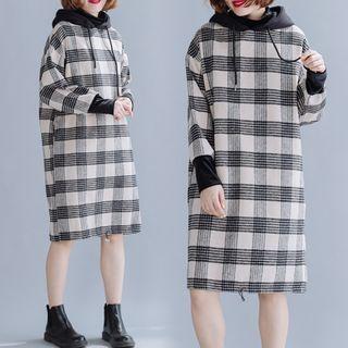 Long-sleeve Plaid Hooded Dress Black & White - One Size